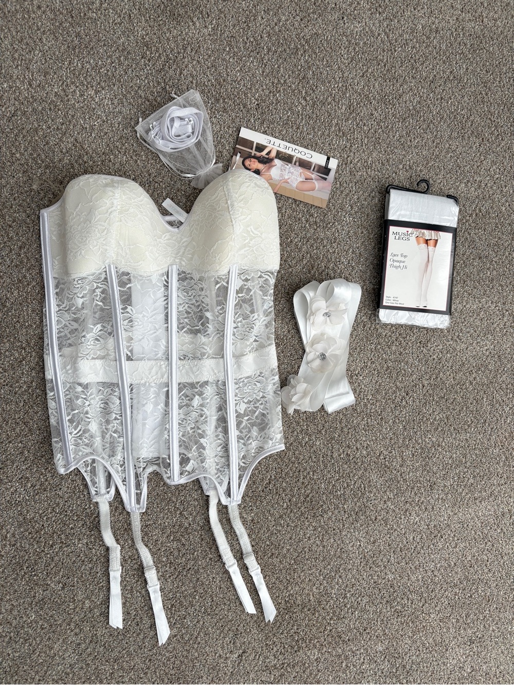 White Lace Bridal Corset Bustier with Garter Straps and Boning